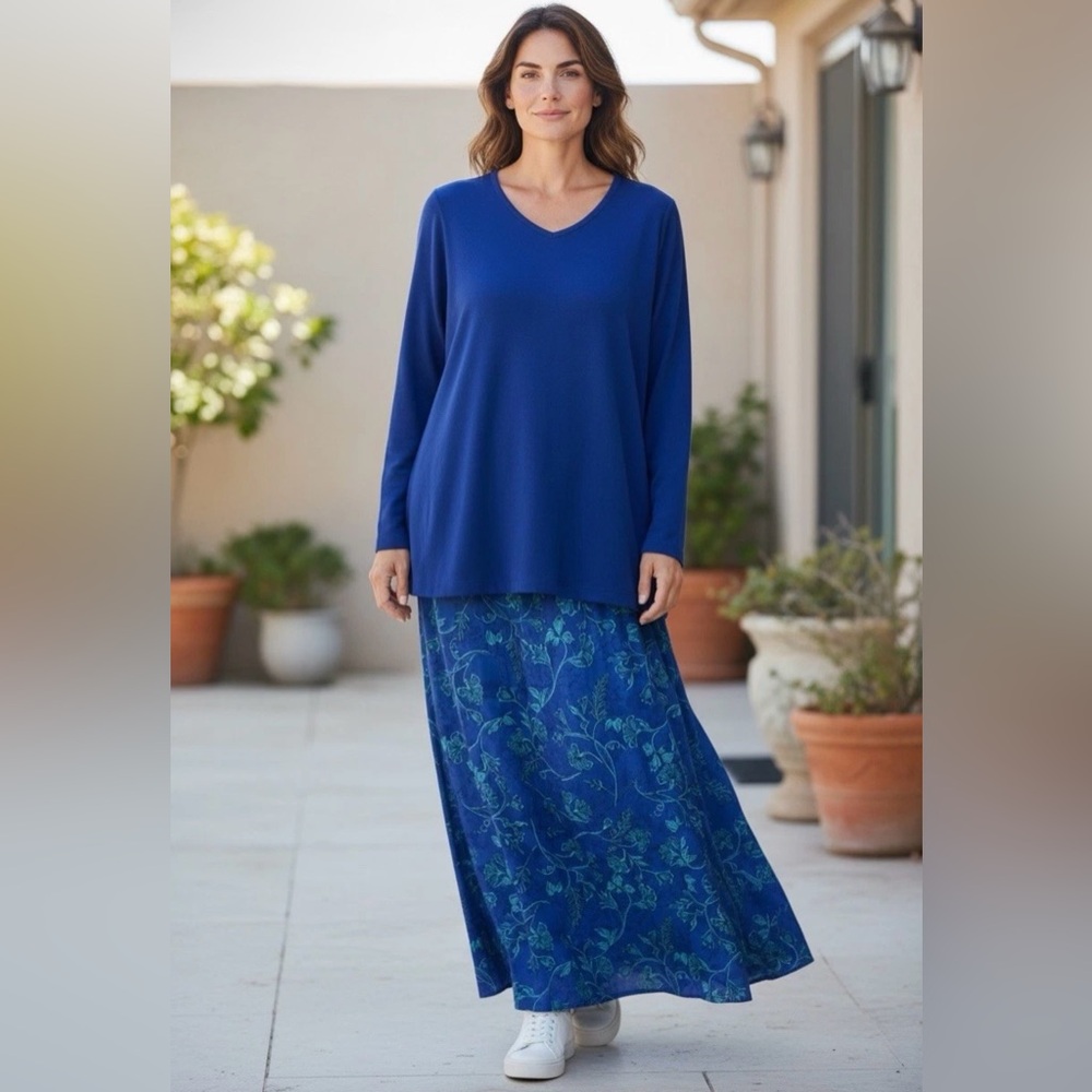 Liz Baker 2PC Plus Size 1X V Neck L/S Blue Green Floral Maxi Skirt Set